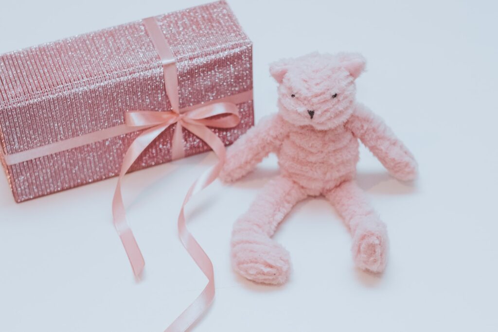pink teddy bear beside gift box